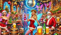 DALL·E 2024-12-22 15.25.10 - A lively Christmas beer party in a nightclub featuring cheerful Christmas fairies and tipsy Santa Clauses. The club is decorated with vibrant holiday .webp